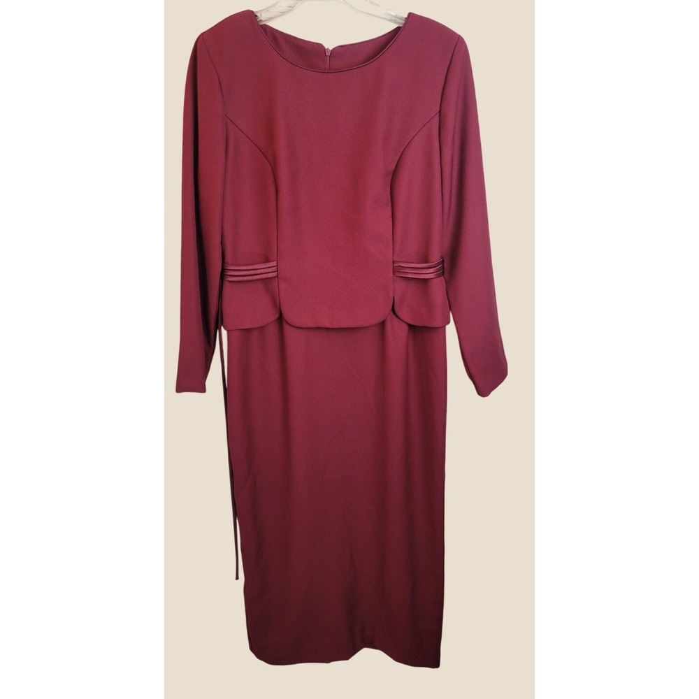 Vtg Leslie Belle Peplum Midi Dress 90s Career Professional Burgundy Maroon 10